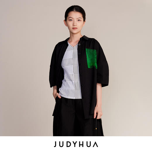 JUDYHUA J For Judy 解构绿意网纱立体褶五分袖衬衫 商品图1