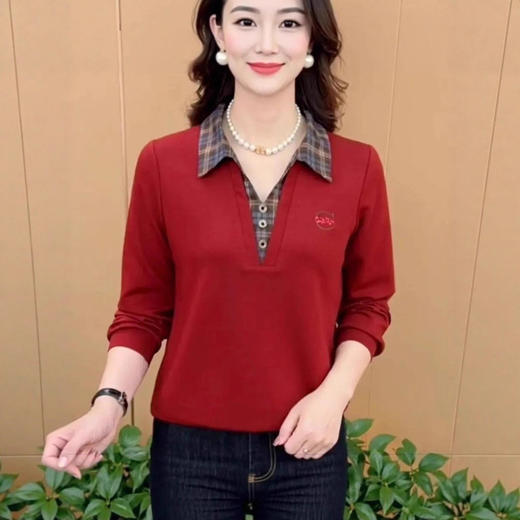 2025秋季新款时尚翻领假两件气质妈妈装显瘦长袖上衣黑色 商品图2