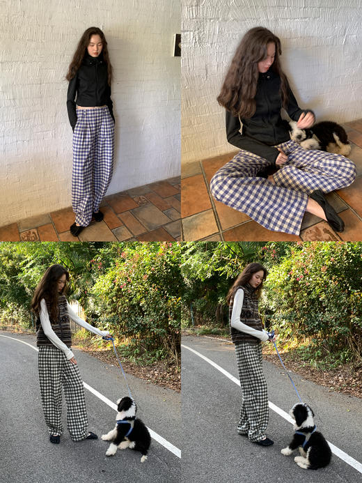 素舶 纯棉格子修跨立体弯刀宽松橡筋腰松弛感休闲裤 商品图1