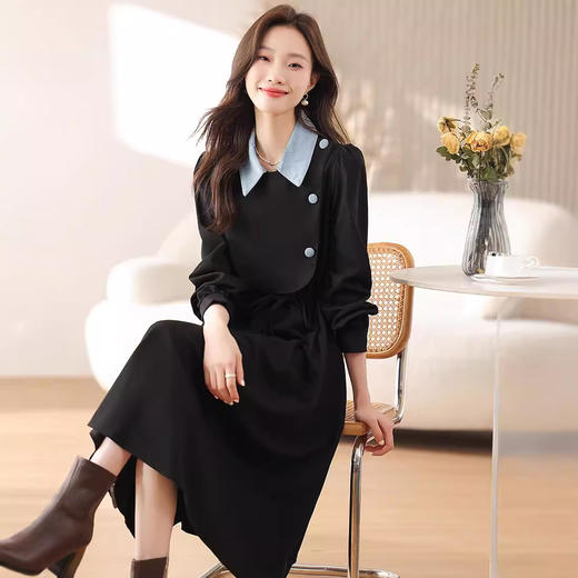 韩版polo领假两件连衣裙2025秋冬新款时尚气质优雅系带小黑裙AHM&8070 商品图2