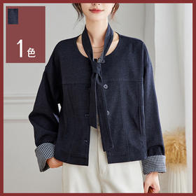 馥迦法式复古圆领格子袖牛仔短外套