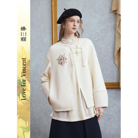 两三事梵高文艺七夜雪2025秋新款绣花牛角扣蕾丝拼接假两件外套女