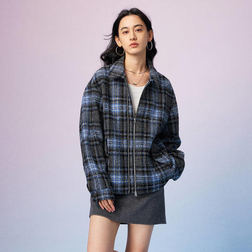 NPC潮牌绵羊毛混纺格纹翻领拉链夹克男毛呢大衣短款秋冬NP57TJ50 商品图3