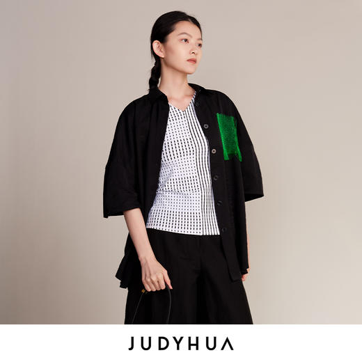 JUDYHUA J For Judy 解构绿意网纱立体褶五分袖衬衫 商品图2