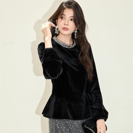 「自」全新升级【铂金会员192/天猫259/差价67】(04542)洛诗琳法式复古丝绒上衣2025秋季时尚设计感气质钉珠衬衫女 商品图1