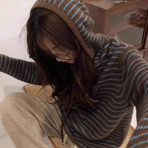 【宽松慵懒风毛衣】秋冬新款宽松软糯慵懒风针织连帽条纹vintage毛衣外套女上衣。rb 商品图2