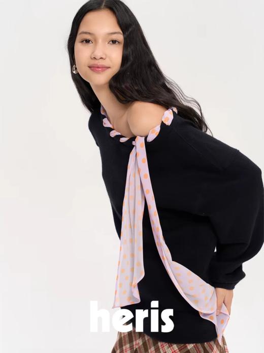 heris/H53122/彩色波点丝巾系带 一字肩/露肩两穿 慵懒氛围感针织卫衣 商品图3