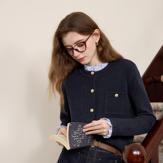 三彩2025冬季新款女假两件针织衫木耳边拼接毛衣开衫甜美减龄M 商品图1