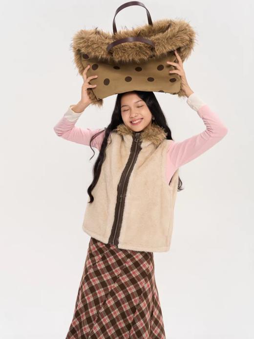 heris/H53127/波点印花仿貉毛拼接 大容量单肩托特包 商品图3