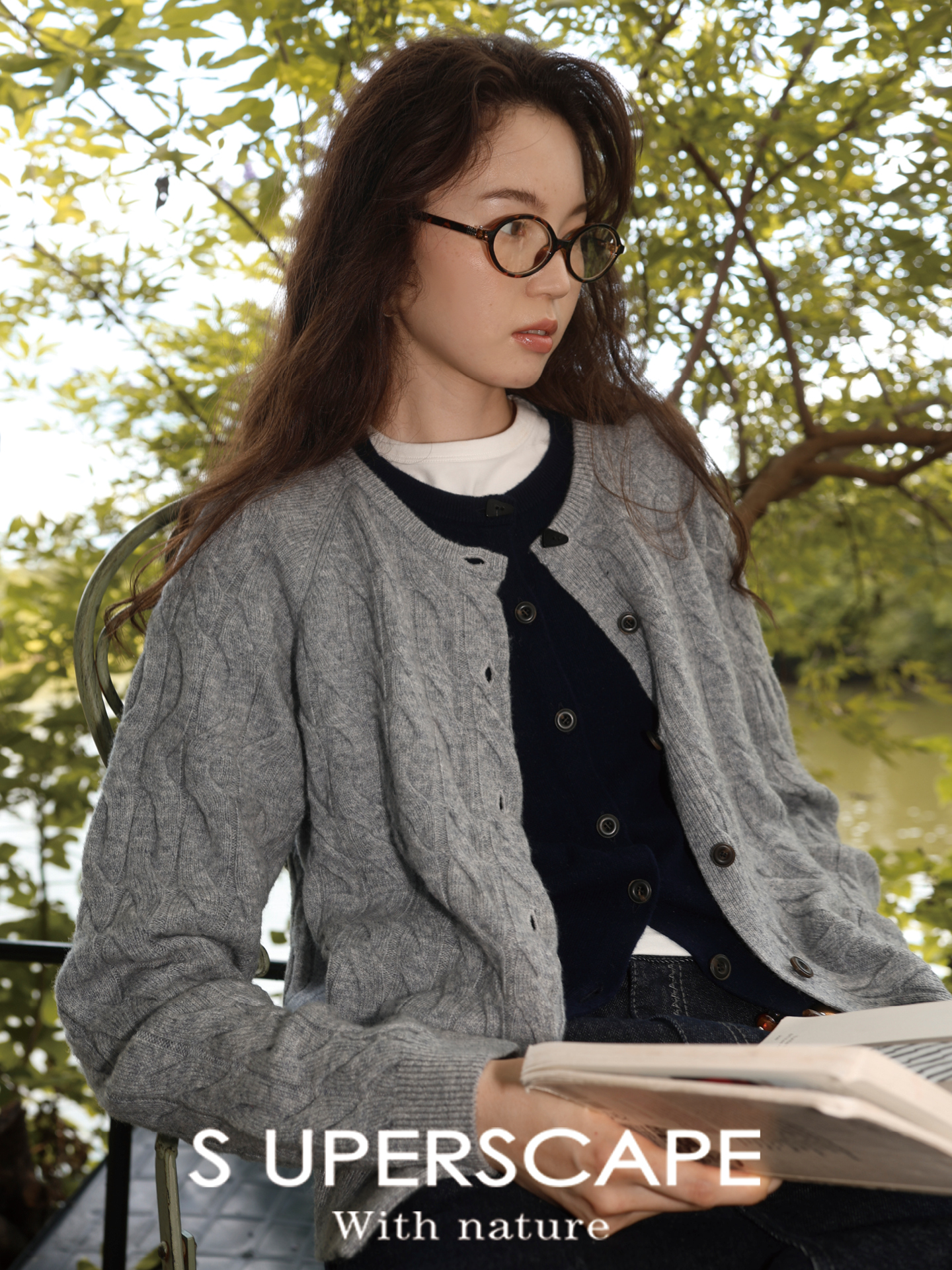 素舶 澳洲美利诺羊毛绞花撞色宽松假两件插肩袖针织开衫