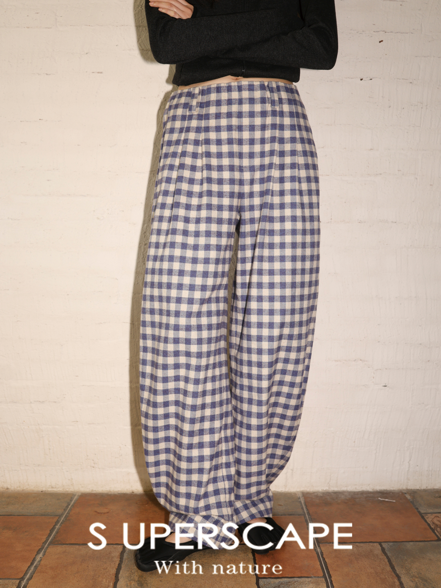 素舶 纯棉格子修跨立体弯刀宽松橡筋腰松弛感休闲裤