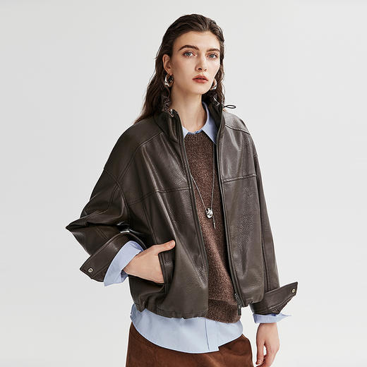 棉仓366607015-摩登花苞领皮夹克 商品图0