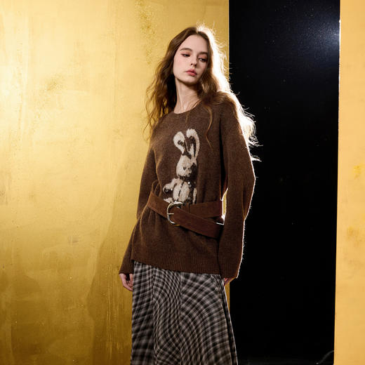 三彩2025冬季新款提花亮片针织衫圆领宽松落肩袖毛衫休闲M 商品图2