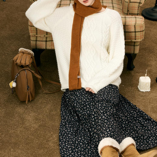 三彩独醒2025冬季新款碎花半身裙松紧腰A字裙木耳边长裙F 商品图2