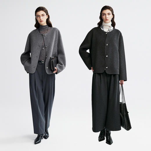 棉仓366666009-羊绒短款圆领毛呢大衣女25秋新品金属扣设计感羊毛呢子外套 商品图3