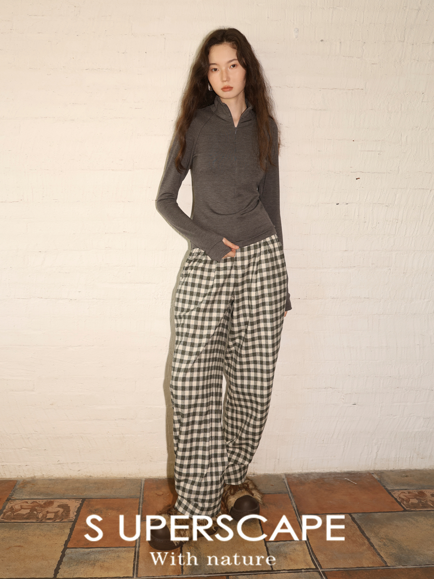 素舶 绵羊毛高弹亲肤半拉链高领插肩袖修身显瘦长袖指孔T恤