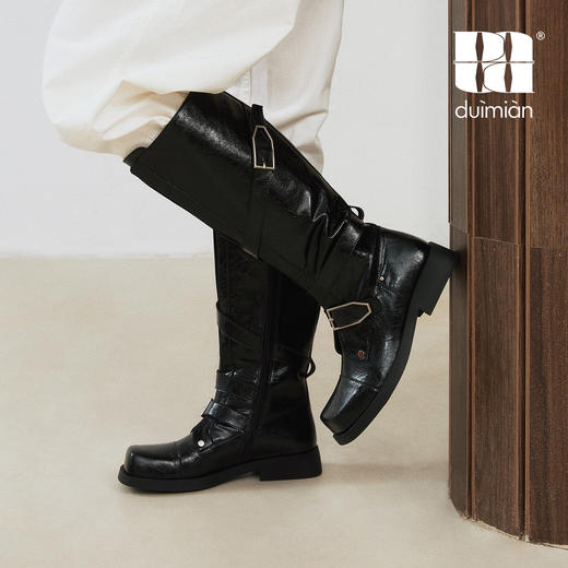 duimian对面褶影双扣骑士长靴复古方头 商品图2