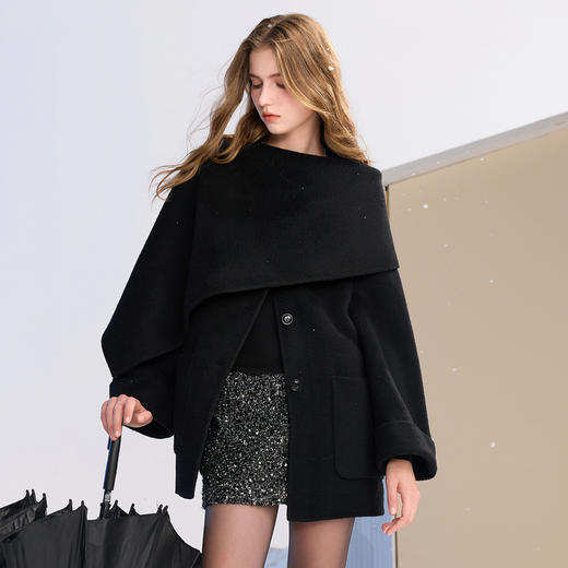 【100绵羊毛】三彩2025冬季新款围巾领双面呢大衣毛呢外套M 商品图1