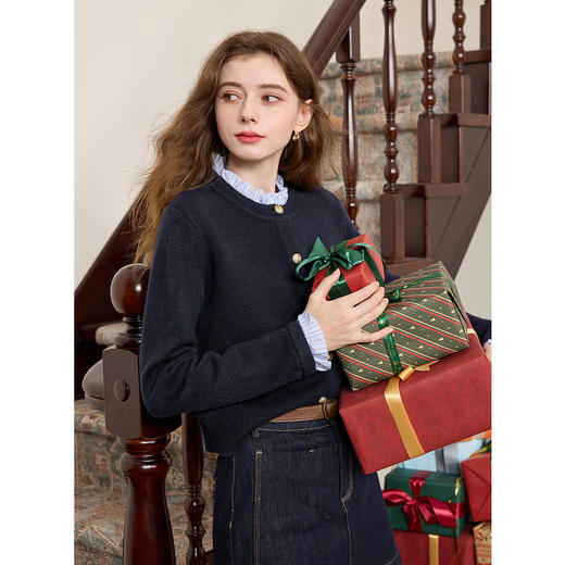 三彩2025冬季新款女假两件针织衫木耳边拼接毛衣开衫甜美减龄M 商品图2