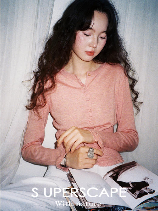 素舶 极细美丽诺羊毛亲肤弹力褶皱花边门襟法式收腰显瘦针织开衫 商品图0