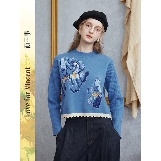两三事梵高文艺 雾野回声 2025秋季新款鸢尾花提花套头针织衫女 商品图0