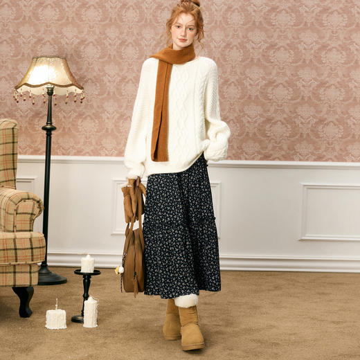 三彩独醒2025冬季新款碎花半身裙松紧腰A字裙木耳边长裙F 商品图1