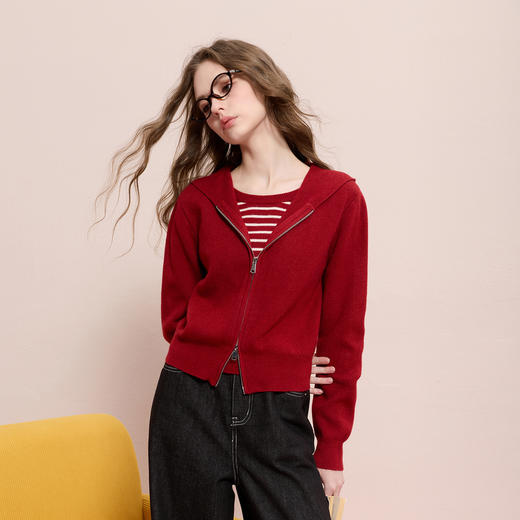 三彩2025冬季新款假两件条纹休闲连帽针织衫长袖上衣显瘦百搭M 商品图1