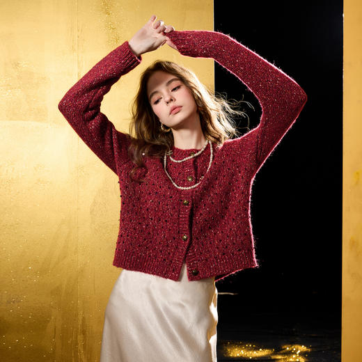 三彩2025冬季新款慵懒圆领长袖针织衫开衫休闲百搭复古简约气质M 商品图2