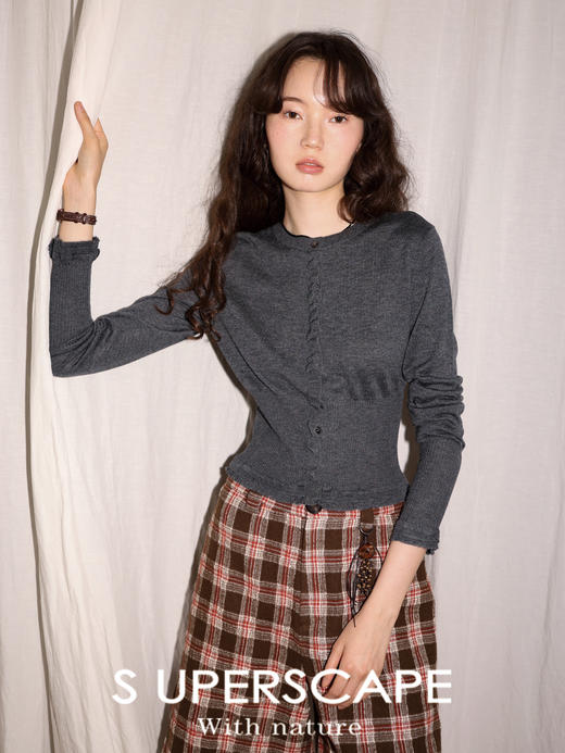 素舶 极细美丽诺羊毛亲肤弹力褶皱花边门襟法式收腰显瘦针织开衫 商品图2