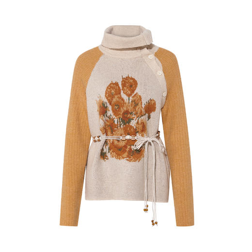 两三事梵高文艺再续花愿2025秋新款向日葵斜边可调翻领绑带毛衣女 商品图4