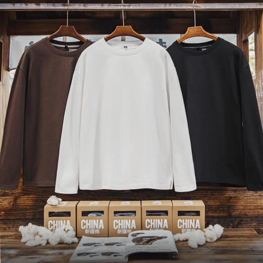 马登工装新疆纯棉长袖T恤纯色内搭打底白色重磅高克重体恤男秋季 商品图0