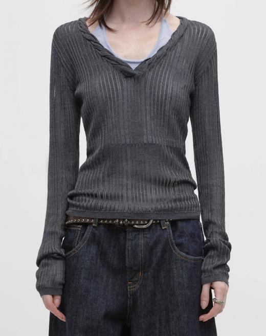 出逃赤岗西/25AWT177/假两件拼接撞色背心V领针织长袖T恤 商品图0