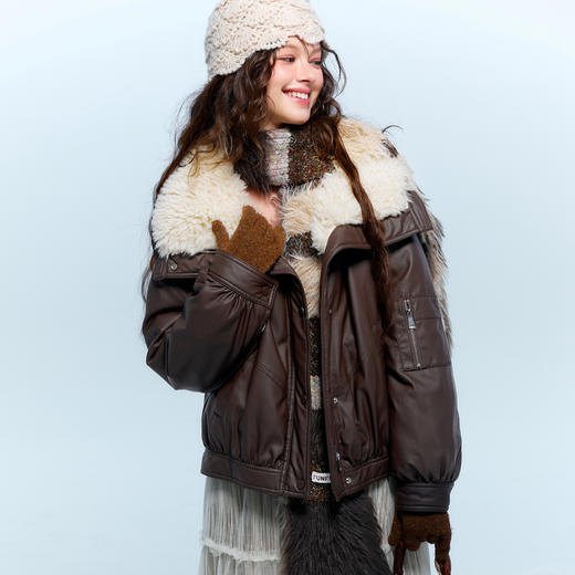 三彩独醒2025冬季新款毛领PU仿皮羽绒服宽松90白鸭绒保暖外套F 商品图1