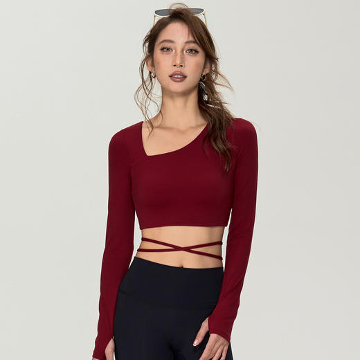 【限时秒】YOGACODE【火树银花系列】斜领瑜伽服长袖女固定杯性感细绳绑带运动上衣DWT125636 商品图0