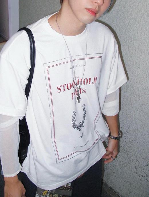 中性款网纱拼接假两件长袖T恤001 商品图3