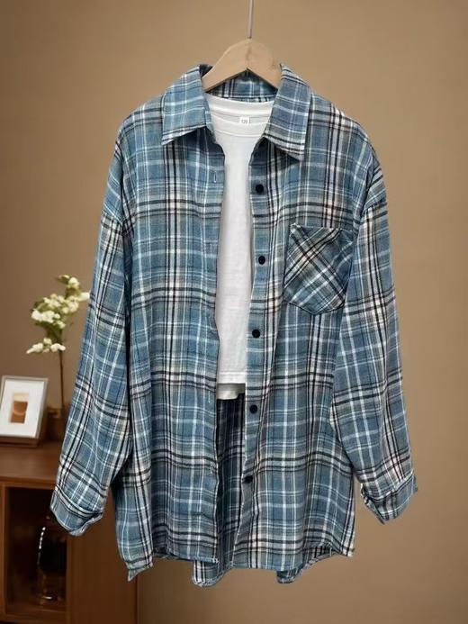 【秋上新】吉妮品牌 053A蓝色格子中长秋款衬衫-喜出 商品图5