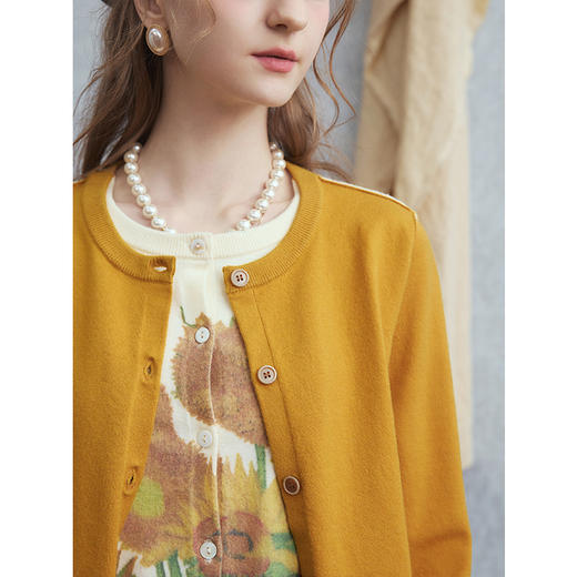 两三事梵高文艺几度夕阳2025秋季新款向日葵印花假两件针织开衫女 商品图2
