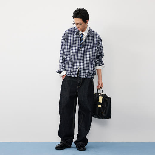 NPC潮牌绵羊毛混纺格纹翻领夹克男短款蓝白格纹NP57TJ48 商品图1