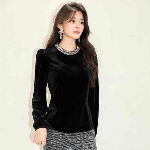 「自」全新升级【铂金会员192/天猫259/差价67】(04542)洛诗琳法式复古丝绒上衣2025秋季时尚设计感气质钉珠衬衫女 商品图0