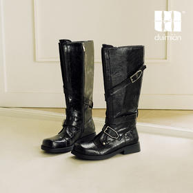 duimian对面褶影双扣骑士长靴复古方头