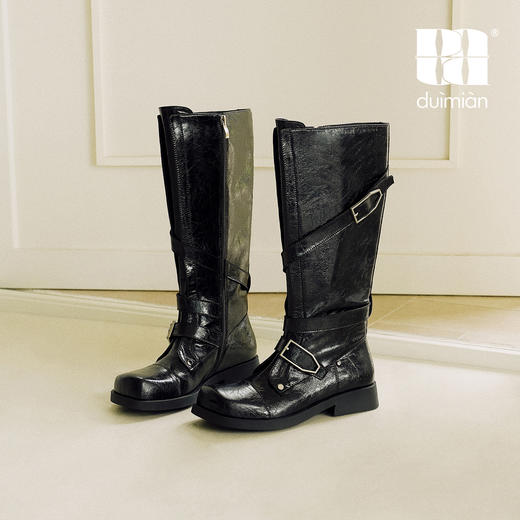 duimian对面褶影双扣骑士长靴复古方头 商品图0