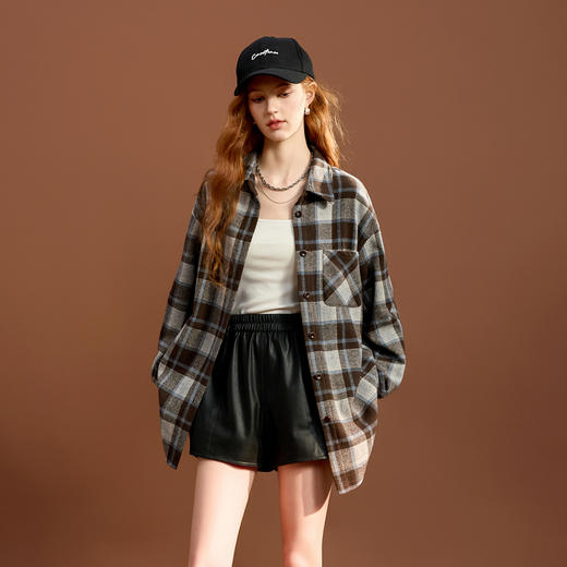 三彩2025冬季新款格纹呢料衬衫翻领宽松阔版中长衬衣保暖叠穿M 商品图1