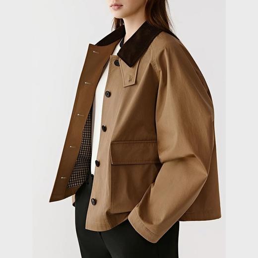 【SPRING WAVE灯芯绒翻领短款风衣】英式学院风 短款A摆 防风 翻边格纹袖 商品图0