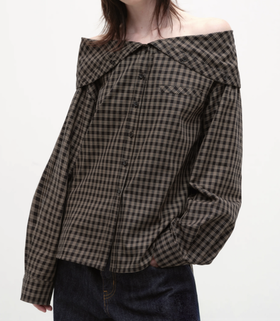 出逃赤岗西/25AWC35/一字肩翻领格纹衬衫