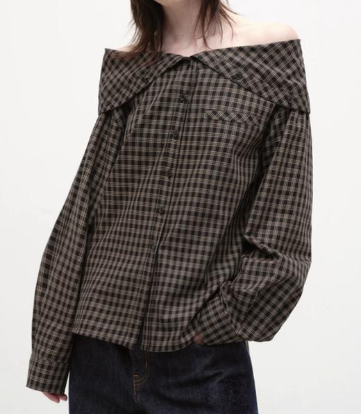 出逃赤岗西/25AWC35/一字肩翻领格纹衬衫 商品图0