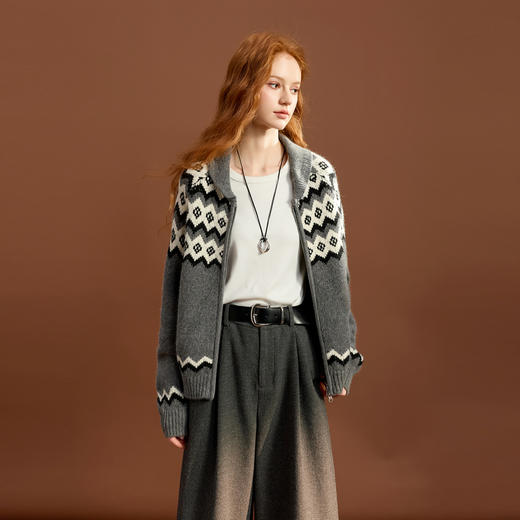 三彩2025冬季新款慵懒宽松针织衫长袖提花开衫复古上衣显瘦百搭M 商品图3