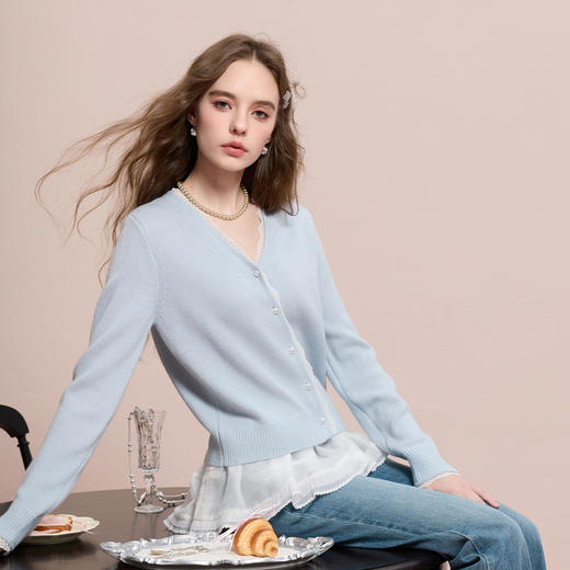 三彩2025冬季新款花边拼接针织衫V领毛衫开衫外套M 商品图1