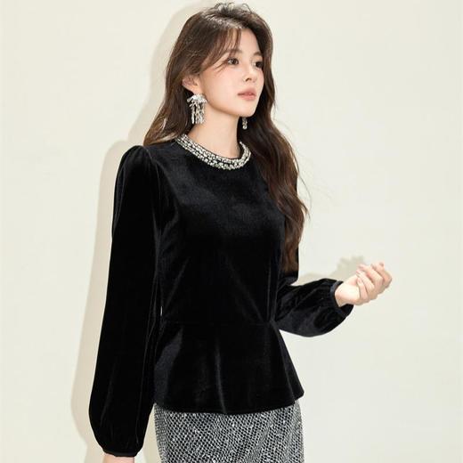 「自」全新升级【铂金会员192/天猫259/差价67】(04542)洛诗琳法式复古丝绒上衣2025秋季时尚设计感气质钉珠衬衫女 商品图3