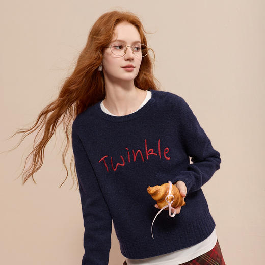 三彩2025冬季新款字母刺绣针织衫圆领宽松落肩袖毛衫休闲M 商品图2