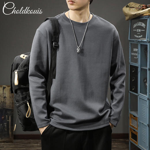 【清爽透气】春季休闲长袖T恤男纯棉大码宽松打底衫重磅纯色圆领潮。rb 商品图2